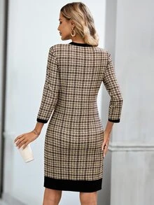 EMERY ROSE 女款黑白格紋優雅粗花呢迷你洋裝，秋季辦公通勤長袖商務休閒連身裙，優雅派對修身洋裝 - 彩色 - 查看 2