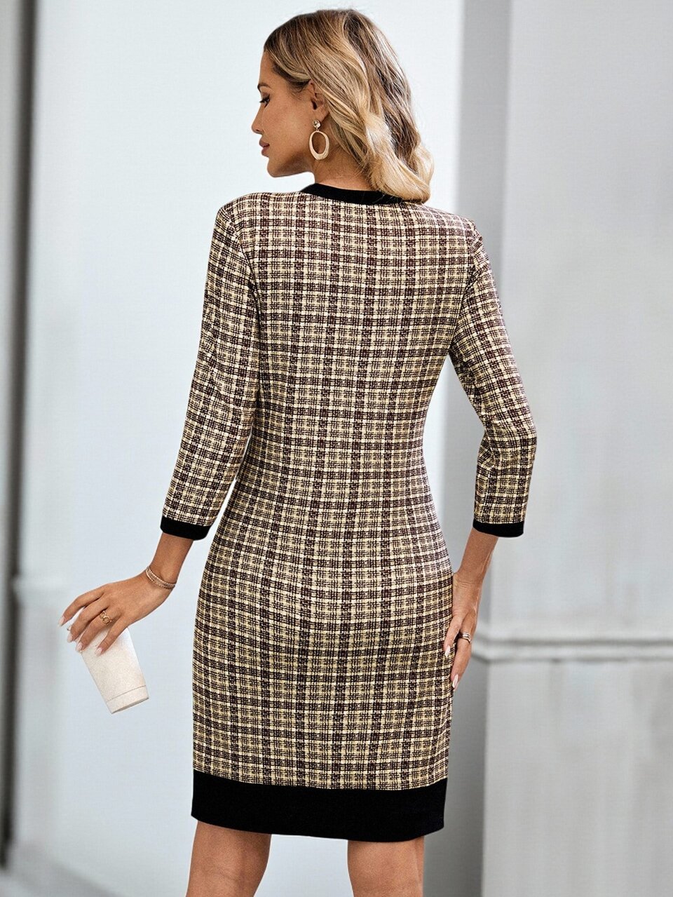 Women's Black And White Plaid Elegant Tweed Mini Dress,Autumn Office Work Dresses,Long Sleeve Business Casual One-Piece,Elegant Party Fitted Dress