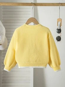 SHEIN 兒童女童針織開襟衫 秋冬黃色修身圓領毛衣外套，兒童針織開襟衫，秋季毛衣衣飾 - 黃色 - 查看 7