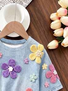 SHEIN Playful Pals 2件組女童夏季新款軟面料圓領短袖T恤與鬆緊腰寬鬆短褲，簡約百搭時尚夏季套裝 - 彩色 - 查看 4