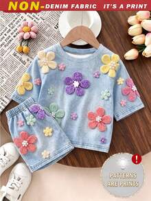 SHEIN Playful Pals 2件組女童夏季新款軟面料圓領短袖T恤與鬆緊腰寬鬆短褲，簡約百搭時尚夏季套裝 - 彩色 - 查看 1