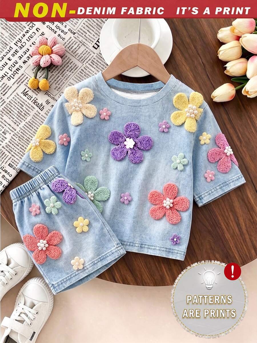 SHEIN Playful Pals 2件組女童夏季新款軟面料圓領短袖T恤與鬆緊腰寬鬆短褲,簡約百搭時尚夏季套裝 - 彩色 - 查看 1