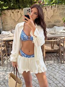 SHEIN Swim Women's Blue Floral Print Ring Decor Camisole Top And High Cut Shorts 2-Piece Swimwear Set,Summer Boho Beach Holiday Bikini,Casual Floral Swimwear - Multicolor - View 4