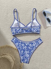 SHEIN Swim Women's Blue Floral Print Ring Decor Camisole Top And High Cut Shorts 2-Piece Swimwear Set,Summer Boho Beach Holiday Bikini,Casual Floral Swimwear - Multicolor - View 2