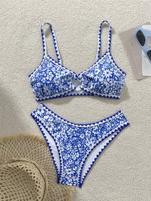 SHEIN Swim Women's Blue Floral Print Ring Decor Camisole Top And High Cut Shorts 2-Piece Swimwear Set,Summer Boho Beach Holiday Bikini,Casual Floral Swimwear - Multicolor - View 5