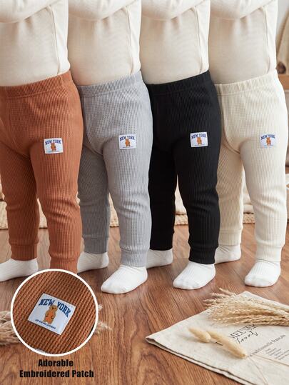 SHEIN 4pcs Baby Boys Unisex Bear Patch Design Waffle Knit Four-Color Pants, Suitable For All Seasons, Comfortable And Cute, Perfect For Outings And Daily Wear