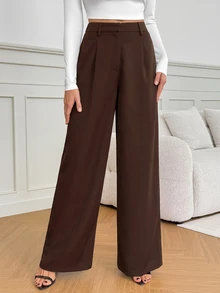 SHEIN Tall 休閒百搭純色高腰寬腿褲，適合高個子，秋冬風格 - 咖啡棕 - 查看 6