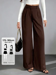 SHEIN Tall 休閒百搭純色高腰寬腿褲，適合高個子，秋冬風格 - 咖啡棕 - 查看 7