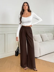 SHEIN Tall 休閒百搭純色高腰寬腿褲，適合高個子，秋冬風格 - 咖啡棕 - 查看 3