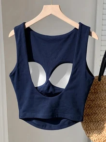 SHEIN EZwear 春夏海軍藍加厚露背短版背心 - 藏蓝色 - 查看 4