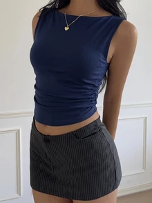 SHEIN EZwear 春夏海軍藍加厚露背短版背心 - 藏蓝色 - 查看 3