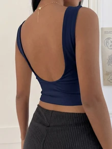 SHEIN EZwear 春夏海軍藍加厚露背短版背心 - 藏蓝色 - 查看 2