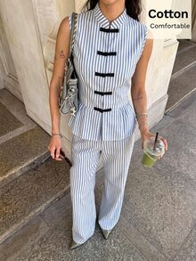 Siren Gaze Pure Cotton Blue & White Striped Sleeveless Top With Mandarin Collar & High-Waisted Wide-Leg Trousers Two-Piece Set | Frog Button Detail - Blue and White - View 10
