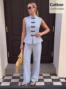 Siren Gaze Pure Cotton Blue & White Striped Sleeveless Top With Mandarin Collar & High-Waisted Wide-Leg Trousers Two-Piece Set | Frog Button Detail - Blue and White - View 9