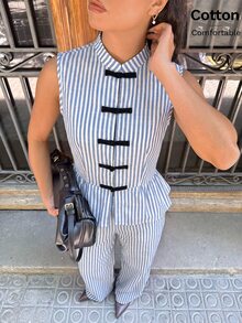 Siren Gaze Pure Cotton Blue & White Striped Sleeveless Top With Mandarin Collar & High-Waisted Wide-Leg Trousers Two-Piece Set | Frog Button Detail - Blue and White - View 5