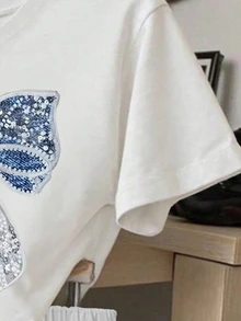 白色夏季可愛派對甜美清爽藍色水鑽蝴蝶結短袖T恤與短褲套裝，休閒兩件式套裝，適合青少年女孩 - 彩色 - 查看 5
