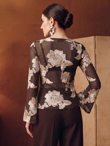 Anewsta Autumn Brown Floral Mesh Sheer Embroidered Casual Sexy Commute Date Night Club Party Women's T-Shirt Top - Brown - View 7