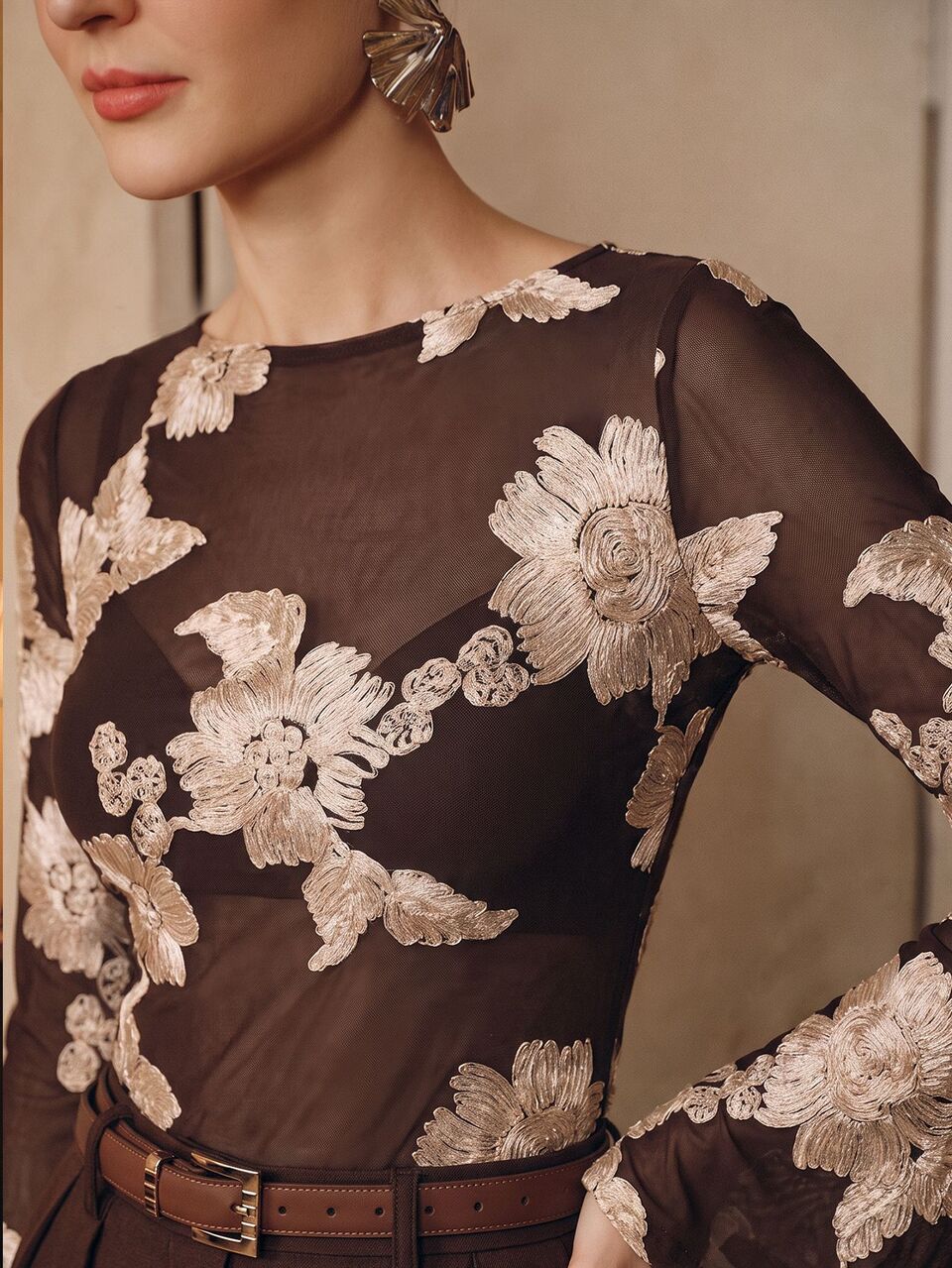 Anewsta Autumn Brown Floral Mesh Sheer Embroidered Casual Sexy Commute Date Night Club Party Women's T-Shirt Top
