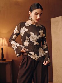 Anewsta Autumn Brown Floral Mesh Sheer Embroidered Casual Sexy Commute Date Night Club Party Women's T-Shirt Top - Brown - View 3