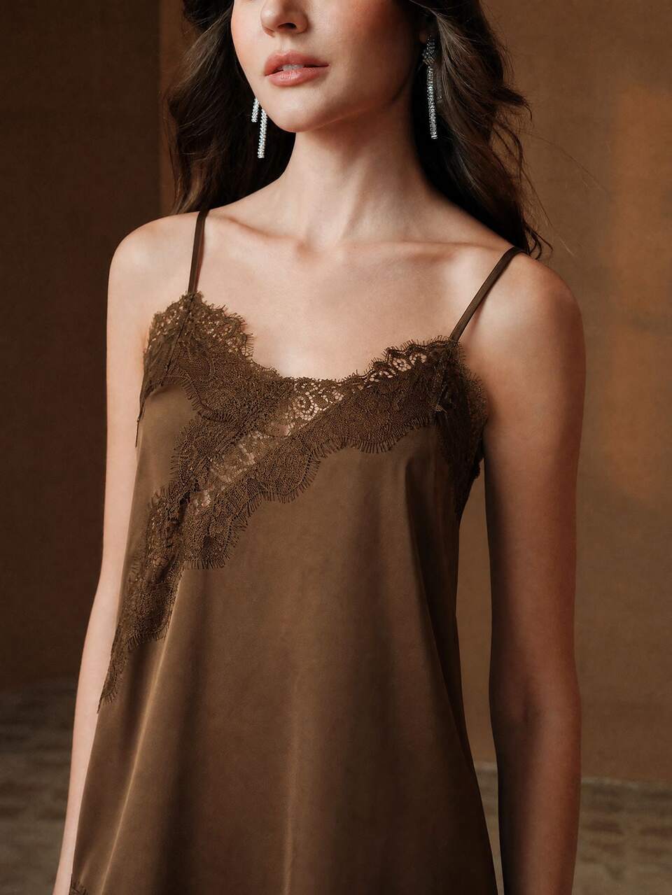 Anewsta Spring/Summer Brown Satin & Lace Patchwork Asymmetrical Hem Sexy Camisole