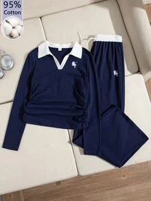 SHEIN 青少年女孩騎士印花拼色長袖T恤與抽繩腰長褲休閒日常套裝 - 藏蓝色 - 查看 9