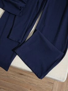 SHEIN 青少年女孩騎士印花拼色長袖T恤與抽繩腰長褲休閒日常套裝 - 藏蓝色 - 查看 8