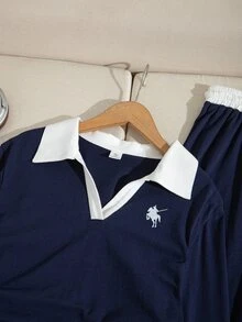 SHEIN 青少年女孩騎士印花拼色長袖T恤與抽繩腰長褲休閒日常套裝 - 藏蓝色 - 查看 6