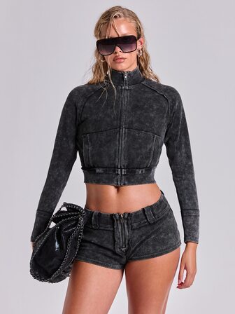 Frühling Herbst Winter Punk Street Lässig Y2K Gewaschene Distressed Texturierte Damen 2 Stücke Set