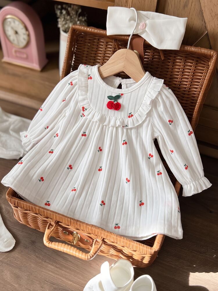 SHEIN Newborn Baby Girl Spring Fall Dress Cherry Print Long Sleeve Round Neck Dress, Fall Dress Fall Dress Cute Elegant Photoshoot White - Multicolor - View 1