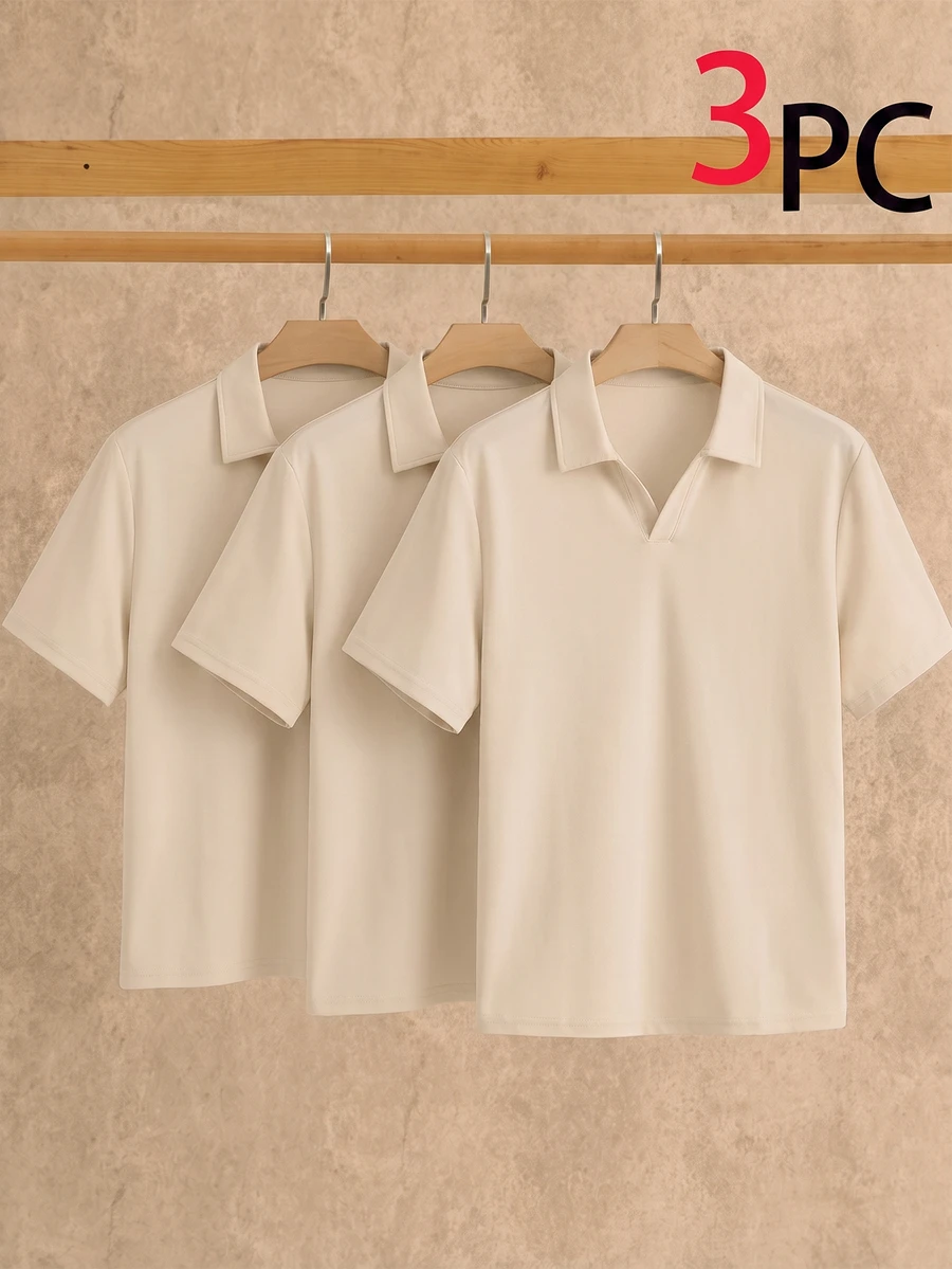 HIMLAND 3件組夏季男士極簡冰絲觸感短袖 Polo 衫 - 杏色 - 查看 1