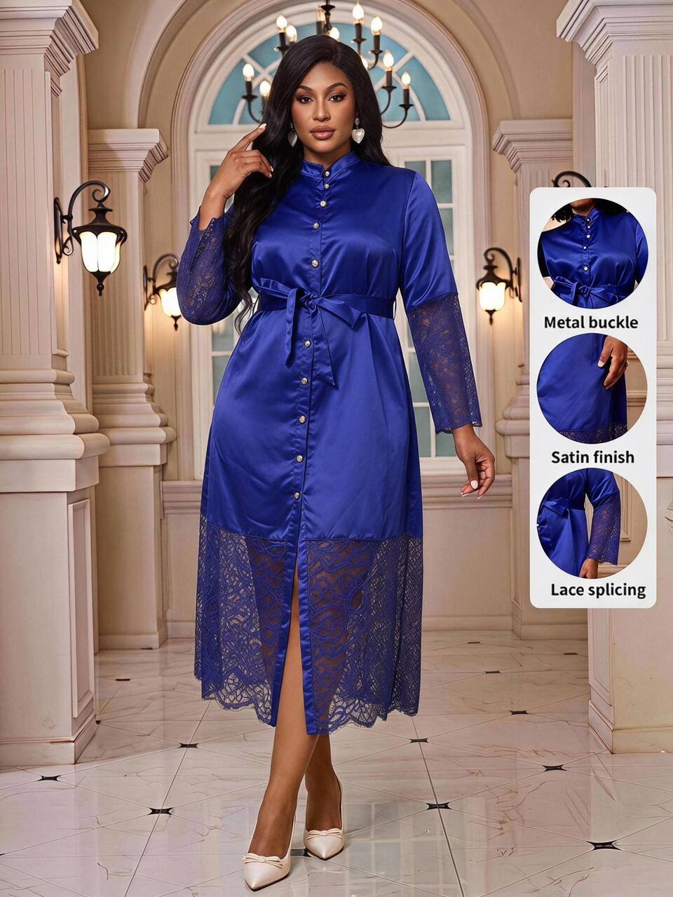Plus Size Women's Royal Blue Lace Patchwork Spaghetti Strap Sleeveless V-Neck Braided Trim A-Line Midi Dress Elegant Evening Party Fall Fashion 2026