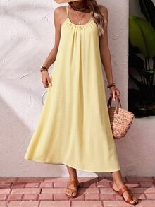 SHEIN Essnce 女款長版休閒熱帶極簡度假波希米亞優雅浪漫復古白黃條紋印花洋裝，音樂節、海灘適用 - 彩色 - 查看 3
