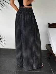 SHEIN 女款高腰優雅時尚百褶彈性腰寬鬆寬腿百搭休閒牛仔褲 - 黑色 - 查看 2