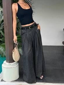 SHEIN 女款高腰優雅時尚百褶彈性腰寬鬆寬腿百搭休閒牛仔褲 - 黑色 - 查看 5