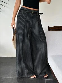 SHEIN 女款高腰優雅時尚百褶彈性腰寬鬆寬腿百搭休閒牛仔褲 - 黑色 - 查看 4