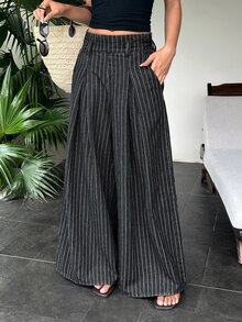 SHEIN 女款高腰優雅時尚百褶彈性腰寬鬆寬腿百搭休閒牛仔褲 - 黑色 - 查看 6