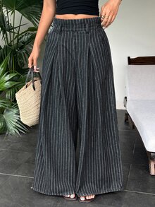 SHEIN 女款高腰優雅時尚百褶彈性腰寬鬆寬腿百搭休閒牛仔褲 - 黑色 - 查看 1