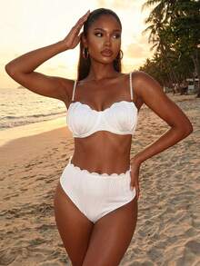 Swim Mod Summer Beach Women's Vacation Textured Faux Pearl Shoulder Strap Bikini Set - White - View 5