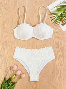 Swim Mod Summer Beach Women's Vacation Textured Faux Pearl Shoulder Strap Bikini Set - White - View 8