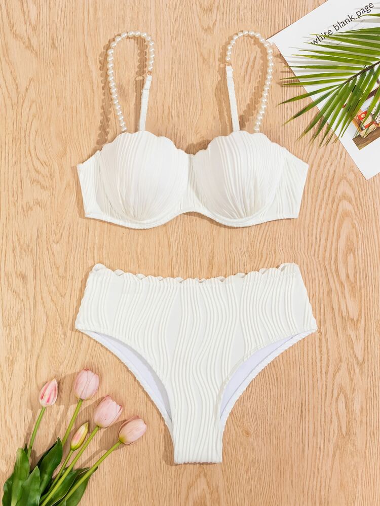 Swim Mod 夏日沙灘女性假珠紋肩帶泳裝套裝 - 白色 - 查看 7