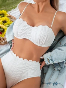 Swim Mod Summer Beach Women's Vacation Textured Faux Pearl Shoulder Strap Bikini Set - White - View 6