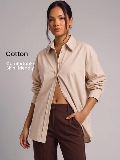 YARNWELL Women's Cotton Blend Office Business Shirt Soft Breathable Blouse Everyday Essential For Work Teachers' Day Light Beige Autumn Professional Casual