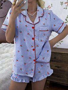 CottageSlumber Cherry Striped Print Short Sleeve Top And Frill Trim Shorts Pajama Set - Blue - View 3