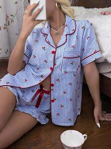 CottageSlumber Cherry Striped Print Short Sleeve Top And Frill Trim Shorts Pajama Set - Blue - View 4