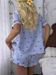CottageSlumber Cherry Striped Print Short Sleeve Top And Frill Trim Shorts Pajama Set - Blue - View 2