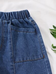 SHEIN 女童牛仔寬腿褲，深藍色水洗，彈性腰頭，舒適版型，寬鬆休閒，簡約百搭學院風，適合搭配T恤或襯衫，四季皆宜 - 深色水洗藍 - 查看 4