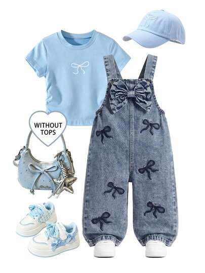 Genkimix Kids Baby Girl Denim Overalls, All-Season, Cute Casual Style, Vintage Medium Blue Denim Color, 3D Bowknot, Dark Blue Bowknot Embroidery Design, Loose Straight Leg Fit, Soft And Comfortable Fabric, Suitable For School, Commuting, Fashionable Versatile Outdoor Wear, All-Season Baby Girl Denim Overalls
