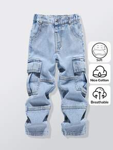 SHEIN 青少年男孩直筒牛仔工裝褲，四季通用復古街頭風休閒街頭服飾工裝褲，淺藍水洗，適合夏季校園 - 淺色水洗藍 - 查看 3