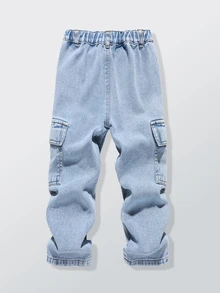 SHEIN 青少年男孩直筒牛仔工裝褲，四季通用復古街頭風休閒街頭服飾工裝褲，淺藍水洗，適合夏季校園 - 淺色水洗藍 - 查看 2