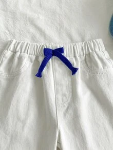SHEIN Baby Boys White 100% Cotton Denim Long Pants, Fresh Minimalist Fashion Casual Versatile, Elastic Waist With Dark Blue Drawstring, Straight Leg Fit, Soft And Comfortable Denim Fabric, Suitable For Daily Wear, Can Be Paired With T-Shirts, Shirts Or Knitwear, Suitable For School Or Light Outdoor Scenes, Suitable For Spring And Summer Wear - White - View 5